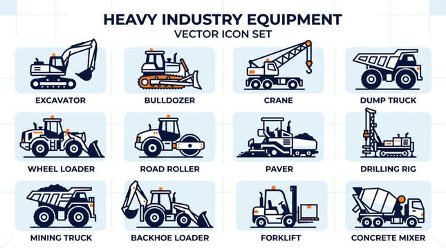 Heavy Industry Construction Equipment Icons.