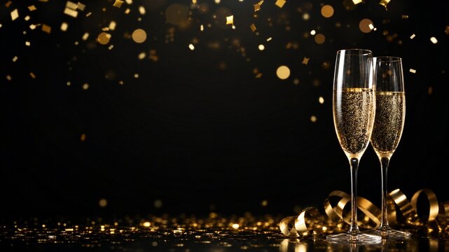 Luxury champagne celebration background with flutes and gold confetti
