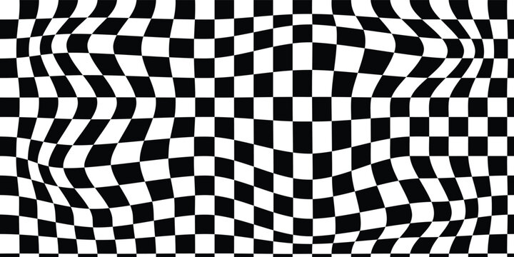 Psychedelic abstract wavy checkered background in black and white. Groovy irregular checker pattern with vintage texture. Retro psychedelic checkered wallpaper. Wavy groovy chessboard surface.