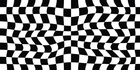 Obraz premium Red and white trippy checkerboard background. Retro psychedelic checkered wallpaper. Wavy groovy chessboard surface. Distorted geometric grid chess pattern. 