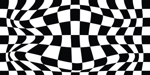 Obraz premium Red and white trippy checkerboard background. Retro psychedelic checkered wallpaper. Wavy groovy chessboard surface. Distorted geometric grid chess pattern. 