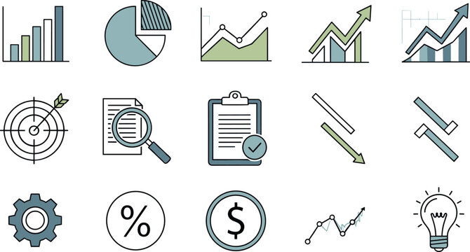 Business analytics icon set with charts, targets, reports, finance, growth trends and strategy symbols