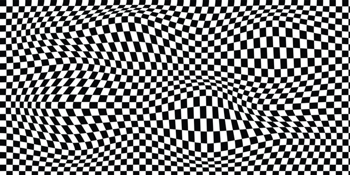 Psychedelic abstract wavy checkered background in black and white. Groovy irregular checker pattern with vintage texture. Retro psychedelic checkered wallpaper. Wavy groovy chessboard surface.