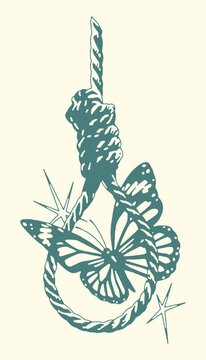 Stylized drawing of a noose with a butterfly and thorns overcoming adversity inner strength butterfly symbolism illustration stylized metaphor contrast fragility entrapment transformation