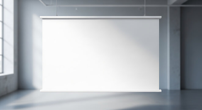 Blank hanging presentation screen mockup in a room on transparent background