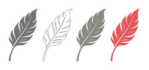 Elegant feather vector icons, a collection of four stylized quill pen designs, including solid gray, outline, and vibrant red options, perfect for writing, education © Nasra