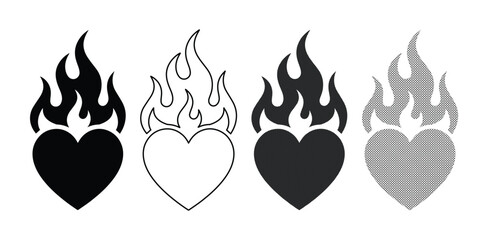 Flaming heart vector icon set, four distinct heart on fire illustrations, black and outline designs, passionate love and burning desire symbols for graphic design, tattoos, or apparel © Nasra