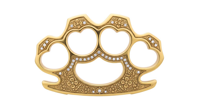 Elegantly designed golden knuckle duster accessory adorned with intricate patterns and sparkling gemstone embellishments, blending a bold statement with luxurious style and detailed craftsmanship