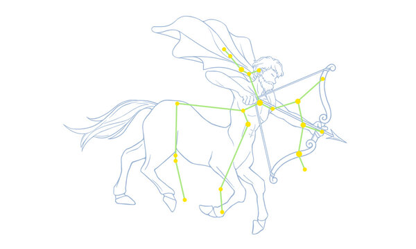 射手座のカラー線画イラスト（ケンタウルスの絵と星座線）