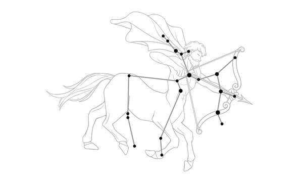 射手座のモノクロ線画イラスト（ケンタウルスの絵と星座線）