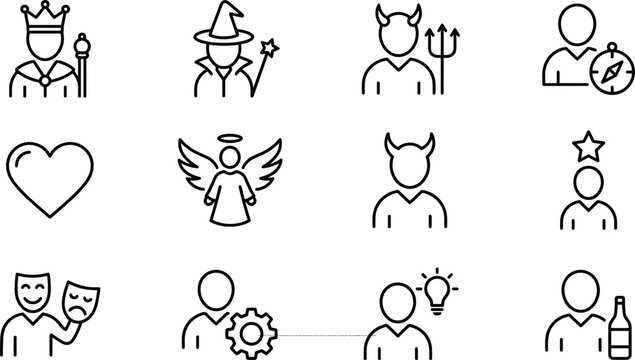 Creative Character Avatar and Symbolic Persona Minimalist Vector Line Icon Set Featuring Fantasy and Personality Development Elements