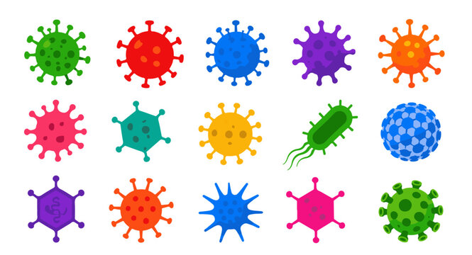 Set of various virus and bacteria symbols corona, ebola, hantavirus on white background
