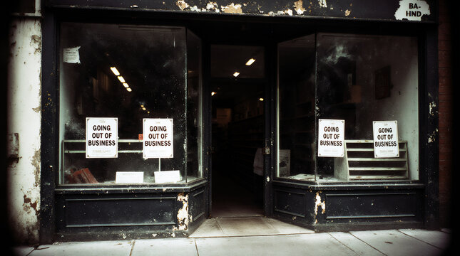 Storefront window displaying going out of business signs in retail shop. Concept of business closure, bankruptcy, economic downturn, liquidation sale and small business failure.