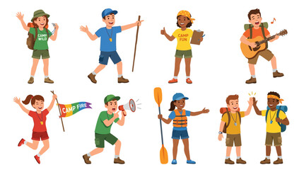 Fototapeta premium Diverse group of happy children participating in various outdoor summer camp activities and fun games