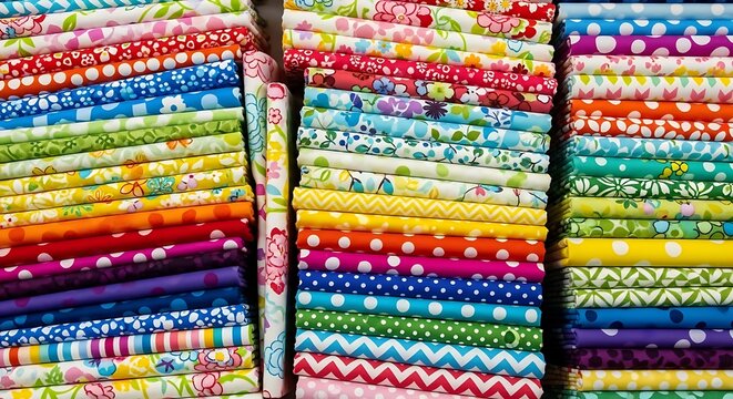 Colorful Patterned Fabric Bundles Arranged in Neat Stacks at Textile Shop