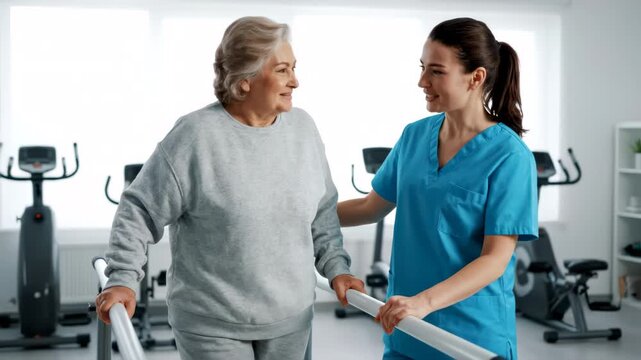 An elderly woman walks between parallel bars with a young woman's help.
