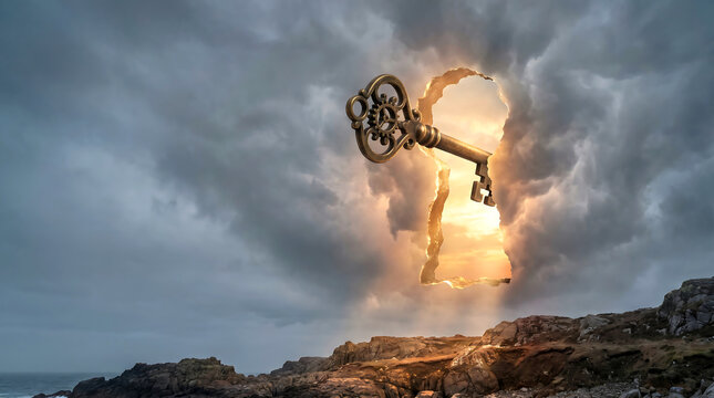 Vintage key unlocking cloudy sky with sunlight shining through on rocky coastline