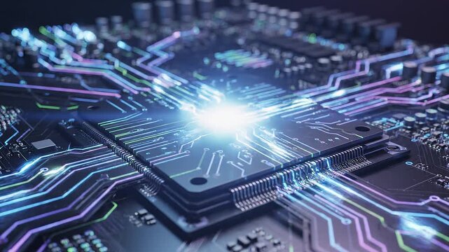 Close-up of a computer motherboard with glowing blue and purple circuitry, representing advanced technology and digital connectivity.