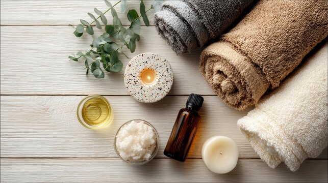 Beautiful spa treatment composition such as Towels, candles, essential oils, Massage Stones on light wooden background. blur living room, natural creams and moisturizing Healthy lifestyle, body care