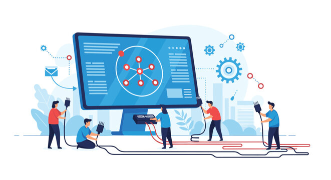 Team of technicians working on a large digital screen with complex network diagrams while connecting various wires and cables for system maintenance.