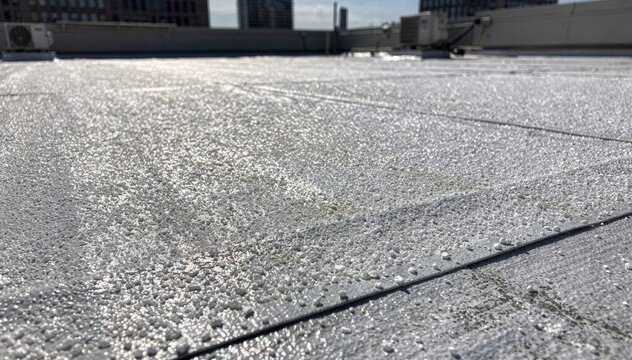 Close medium shot of coated cap sheet with white reflective granules highlighting energy efficiency and weatherproofing properties on an urban commercial roof.