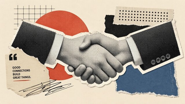 Banner Business partnership handshake halftone collage with typography and torn paper elements