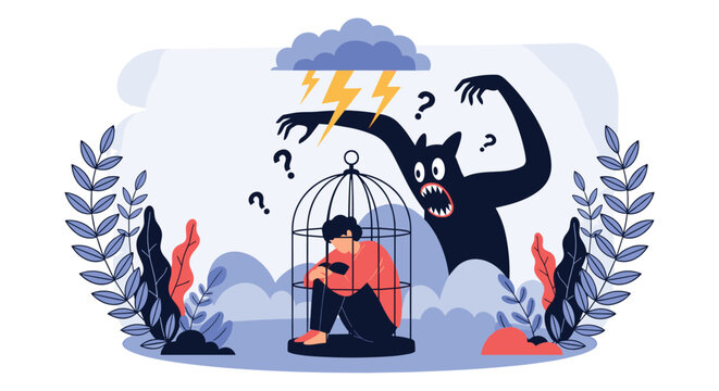 Man trapped in a cage feeling anxious and threatened by a giant shadow monster with a storm cloud above representing mental health and fear.
