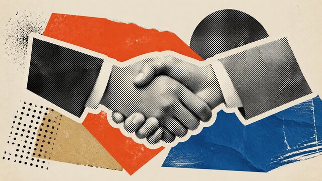 Banner Abstract halftone handshake collage with colorful torn paper and geometric shapes