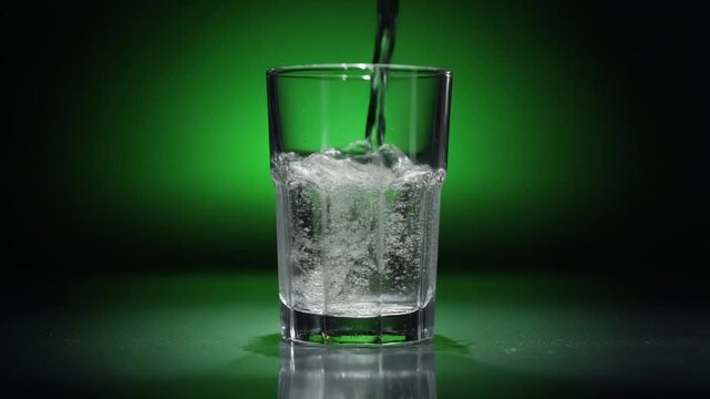 Refreshing clear liquid being poured into a tall glass, creating fizzy bubbles against a vibrant green background