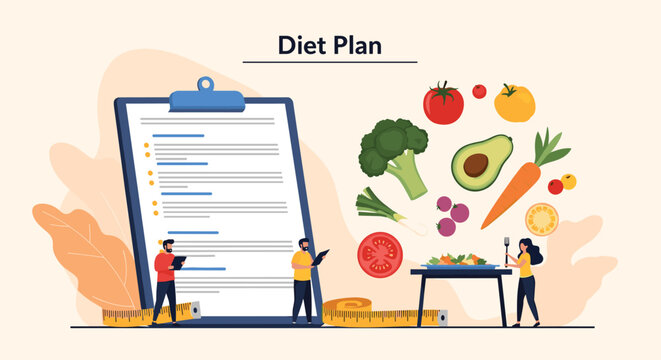 Healthy diet plan concept showing clipboard with list of foods like broccoli tomato avocado and carrot with measuring tape and people.