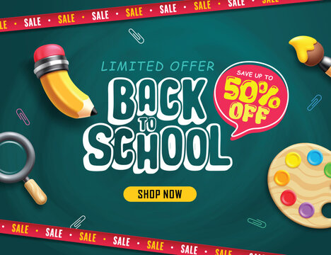 Back to school banner clipart design. Limited offer sale banner with educational elements like pencil, magnifying glass, paintbrush, and palette in green chalkboard background for school promotion vec