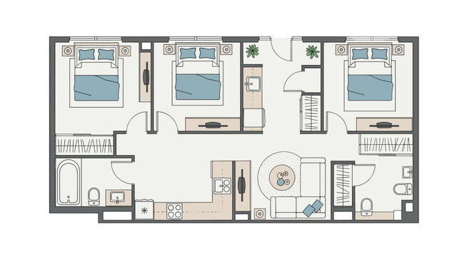 Detailed architectural floor plan of three bedroom apartment showing furniture layout for bedrooms living room kitchen and bathrooms.