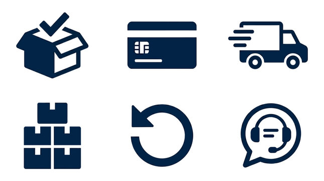A collection of blue icons representing e-commerce logistics, secure payment methods, rapid shipping, customer support, and product return policy services.