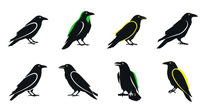 Collection of stylized black crows with vibrant green and yellow accents
