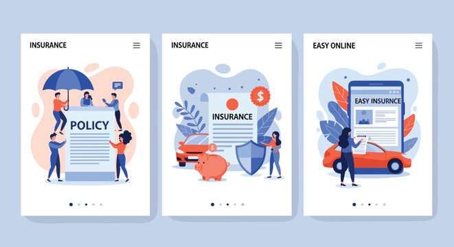 Mobile app interface designs for online insurance policies covering car accidents, life savings, and health protection services.