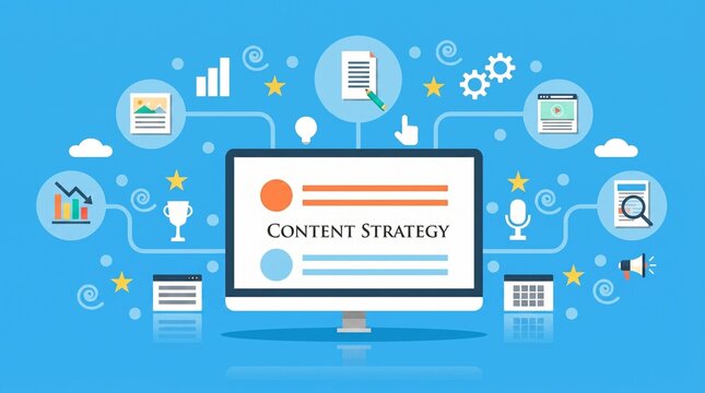Content marketing strategy and digital media icons on blue background