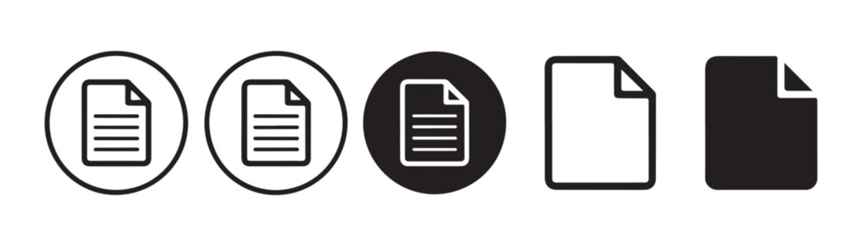 Set of file document icons in circle frames and solid style for digital software and app interface.