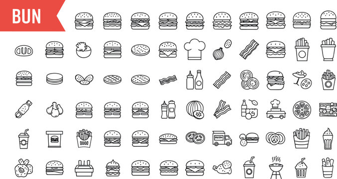 Burger bun icon set with fast food, fries, condiments, snacks, drinks and restaurant menu symbols