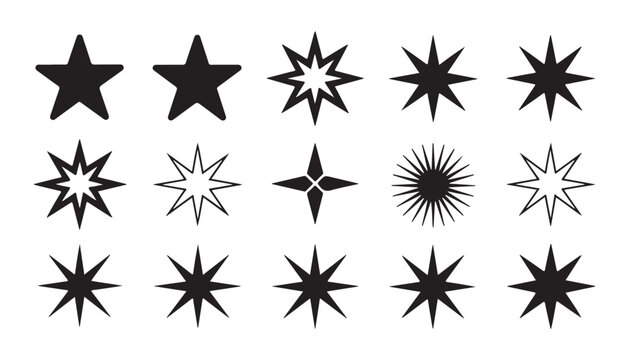 Geometric starburst vector pack with various point counts and thick bold silhouettes for artworks.