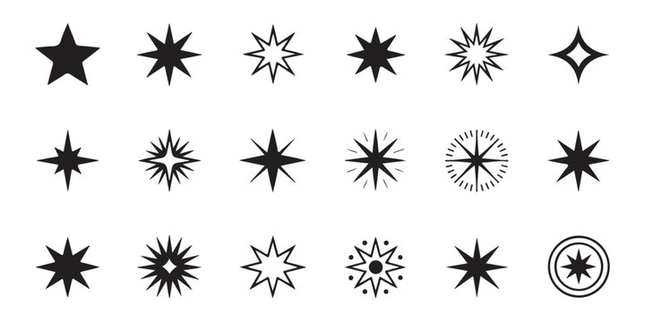 Minimalist black star shapes set featuring diverse sharp points and circular decorative frame icons.