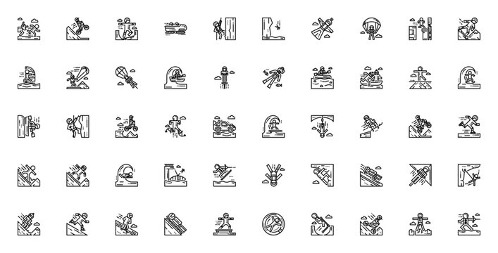 Extreme sports icon set. Minimalist vector icon pack. Includes symbols for bmx, skateboard, skydiving, climbing, surfing, rafting, bungee jumping, skiing, paragliding and more.