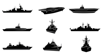 Naval Fleet Silhouette Collection: Warships, Aircraft Carrier, Submarine Icons © mus
