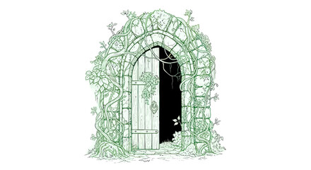 Fototapeta premium Mysterious overgrown stone archway with open wooden door, fantasy illustration