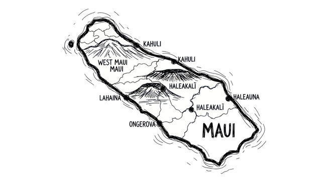 Maui Hawaii Island Hand Drawn Map Sketch with Landmarks and Mountains