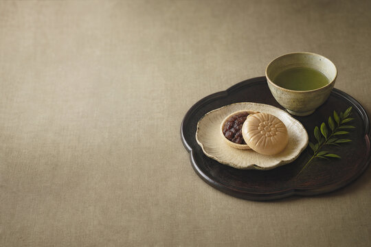 茶房のレトロで上品な最中と緑茶セット