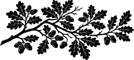 Oak Tree Branch with Acorns Silhouette Detailed Nature Botanical Illustration Forest Plant Design Element for Autumn Theme Decorative Vector Background Art © Md Monjurul