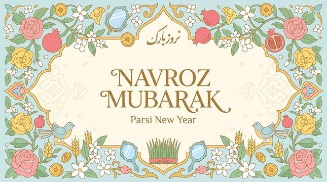 Navroz Mubarak Persian New Year Celebration Floral Border with Pomegranates and Flowers.