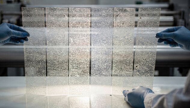 Medium shot showing random sampling of backlit coated sheets with visible pinholes highlighting quality control measures and defect detection in production lines.