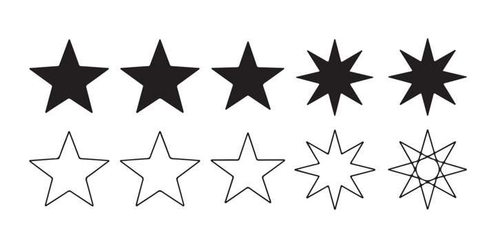 Classic five and eight point star shapes collection in solid and outline styles vector illustration.