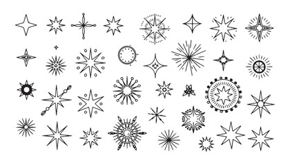 Sparkle star set vector starlight collection, black outline light rays, twinkle effect, magic glowing. © Bd Artist